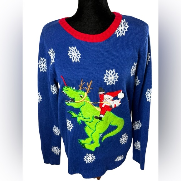 Joyland Blue Christmas Sweater Santa Riding Dinosaur Ugly Christmas Sweater - Picture 7 of 8